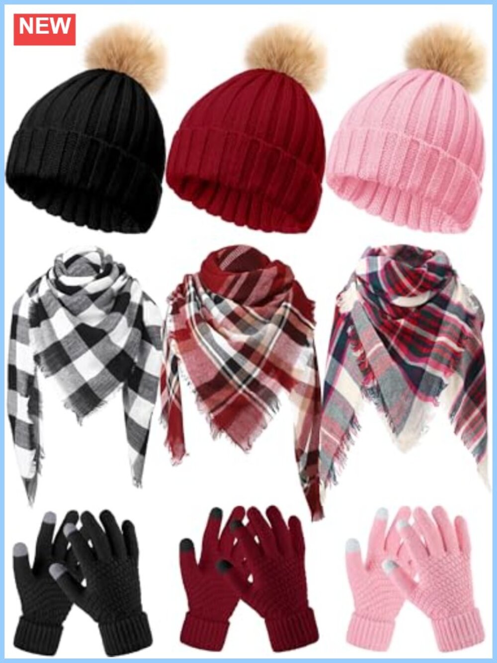Winter Set Knit Beanie Hat Pom Touch Screen Gloves Plaid Scarf Blanket Acrylic